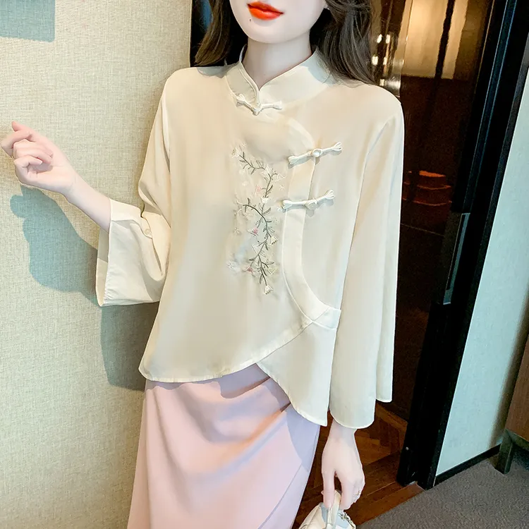 2024新款春秋新中式国风女装盘扣雪纺衫女士刺绣立领长袖气质上衣