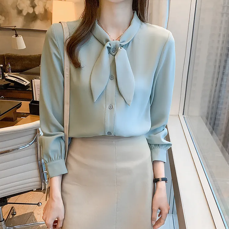 2025秋装韩版领结长袖衬衫女士气质通勤百搭衬衣独特别致减龄上衣