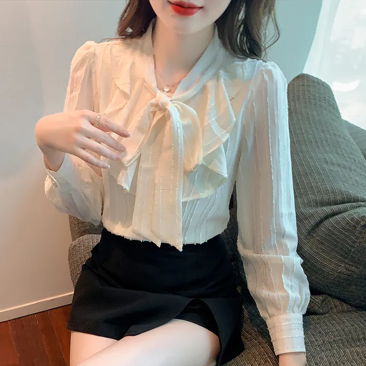 2025春季新款加绒蝴蝶结系带雪纺衬衫女士设计感小众时尚洋气上衣