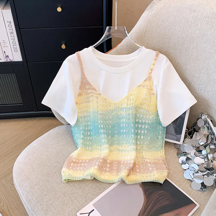 夏季新款韩版时尚镂空吊带短袖T恤女士两件套减龄甜美百搭上衣服