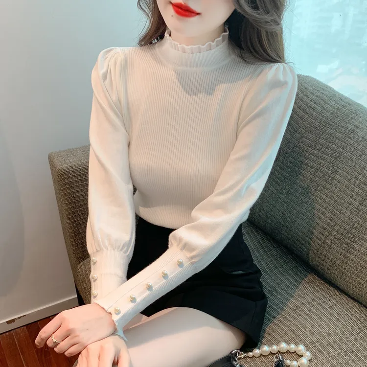2025秋冬打底针织衫女士半高领洋气打底衫气质显瘦灯笼袖内搭上衣