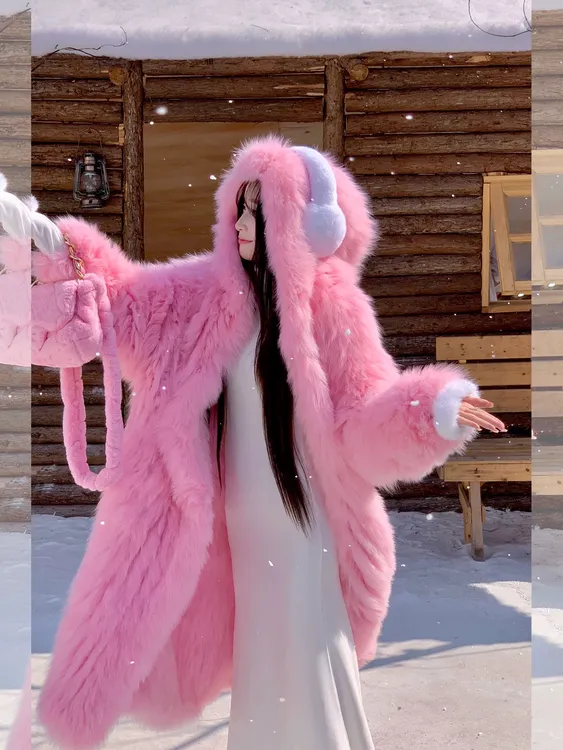 进口狐狸毛长款大衣洋气真毛皮草女王气质加厚双面戴帽外套