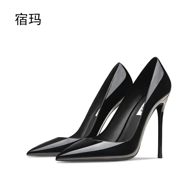 黑色漆皮高跟鞋女2025年新款尖头浅口性感宴会职业OL气质通勤单鞋