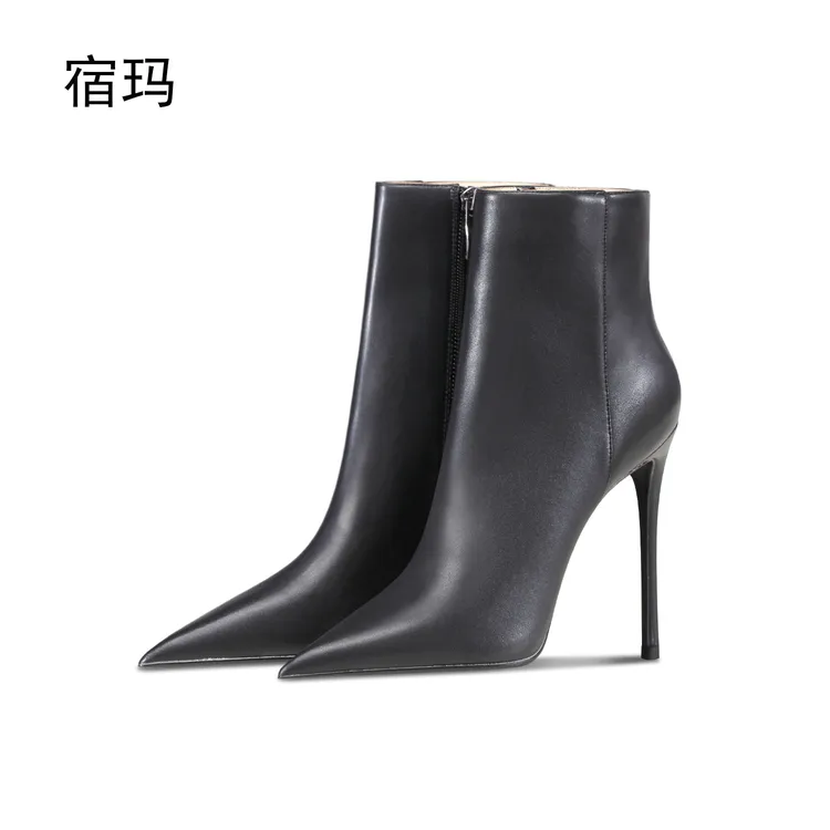 宿玛黑色拉链哑光短靴高跟裸靴女2025年新款尖头细跟瘦瘦单靴秋冬