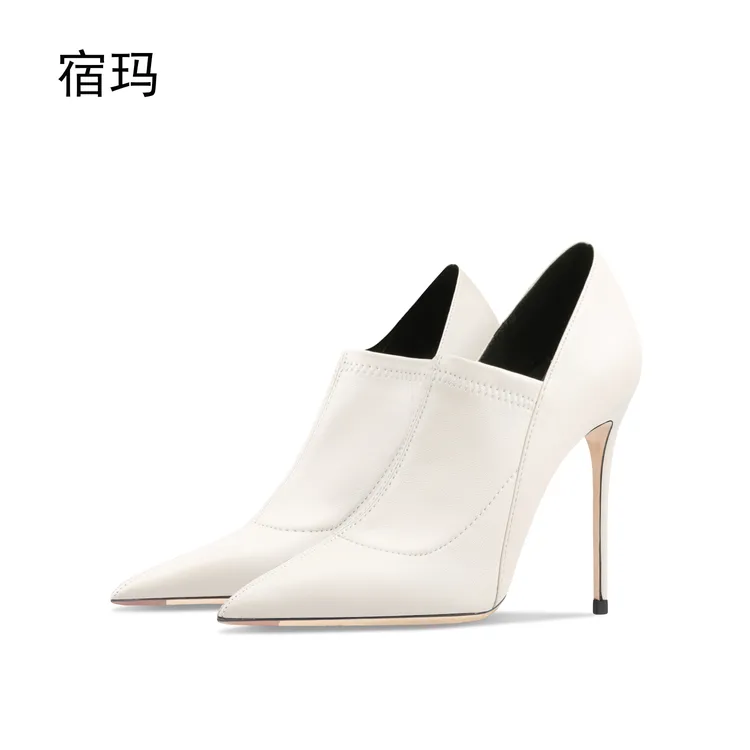 短靴女秋冬及裸靴皮靴法式气质小香风2025年尖头高跟白色加绒靴子