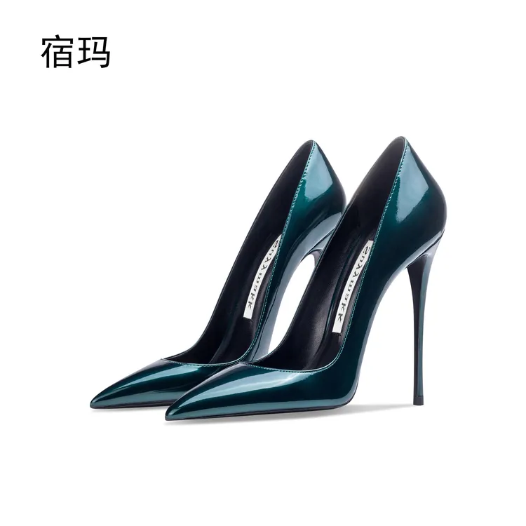墨绿色漆皮高跟鞋女2025年新款细跟尖头浅口性感百搭职业装单跟鞋