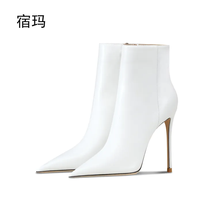 宿玛白色哑光拉链短靴女2025年新款秋冬细跟尖头短筒靴洋气高跟靴