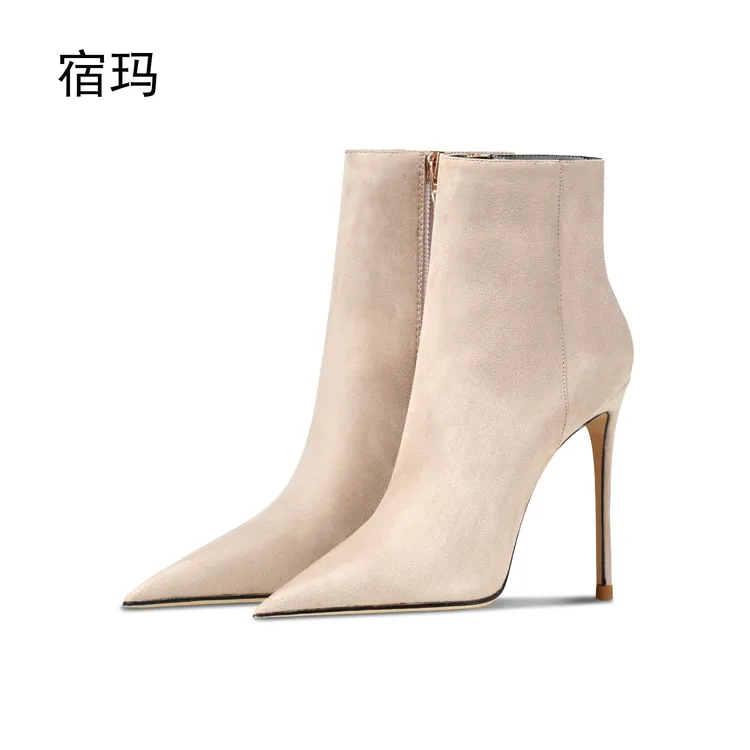 宿玛杏色绒面拉链短靴女2025年新款秋冬细跟尖头短筒靴高跟鞋冬季商品图