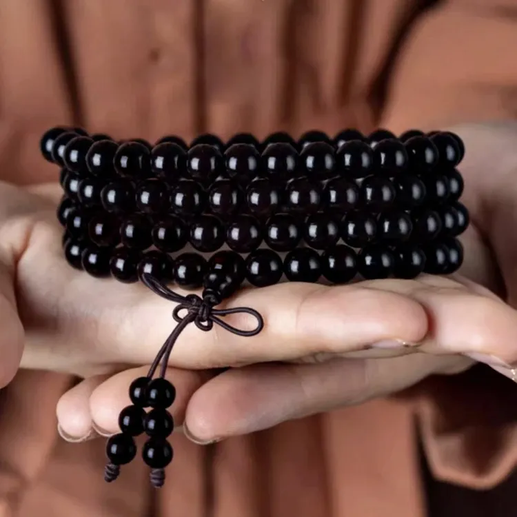 送礼盒正宗黑檀木手串条纹乌木高密紫光檀108颗文玩男女情侣礼物