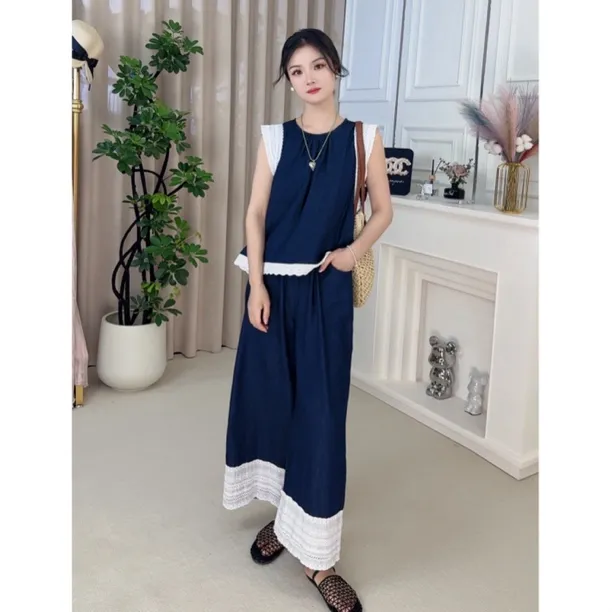 小飞袖牛仔套装女夏2024新款小清新阔腿裤两件套减龄穿搭一整套