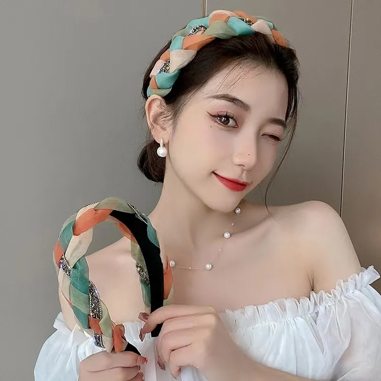 义佰满分彩虹编织麻花辫发箍高颅顶宽边彩色防滑压发百搭复古头箍