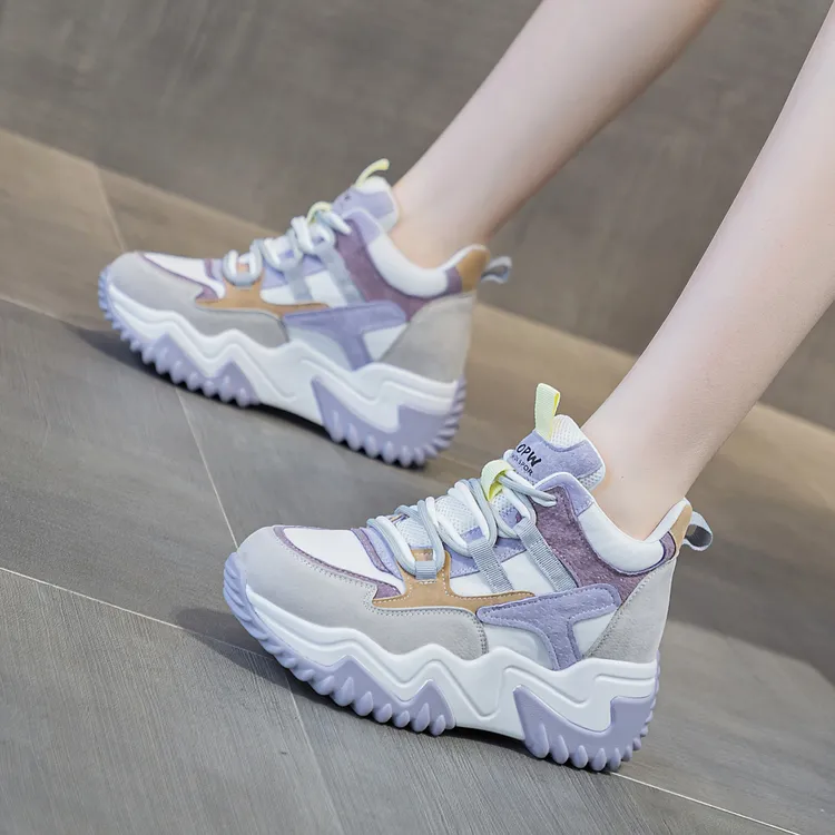 真皮高帮鞋女明星同款老爹鞋小个子厚底内增高女鞋6CM运动休闲鞋