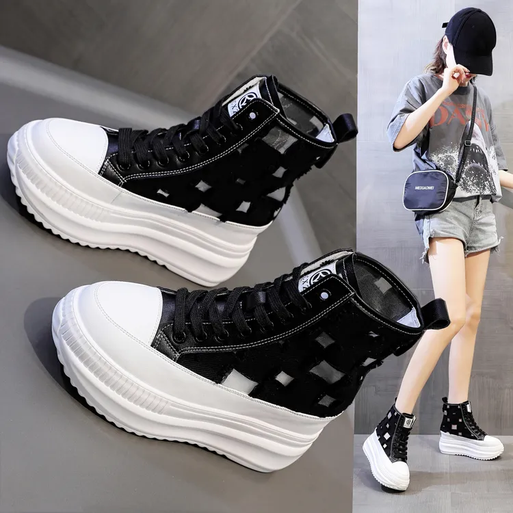 大幂幂同款夏季高帮网鞋小个子内增高女鞋8cm破洞潮流网纱靴子女