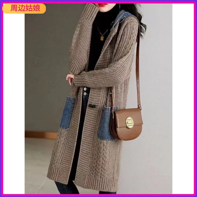 I秋冬慵懒风毛衣连帽牛仔拼接开衫外套女2024新款大码宽松淑女优1