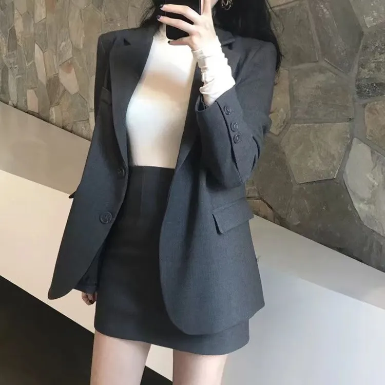 韩版ins2024春秋修身小西服套装女 西装领上衣高腰半身短裙两件套