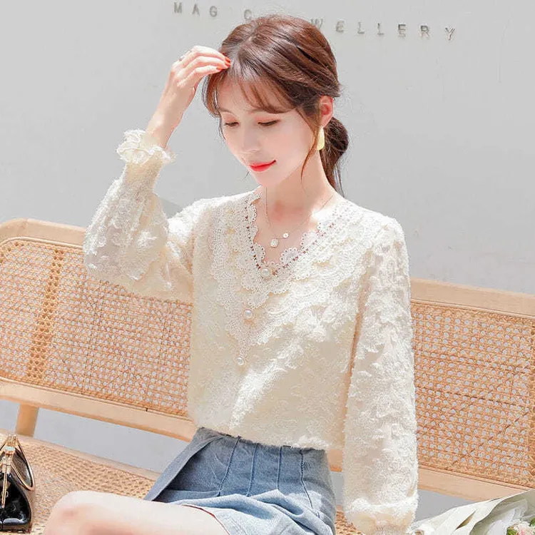 蕾丝衫女2024春装新款加绒加厚提花百搭衬衣洋气时尚长袖上衣外穿