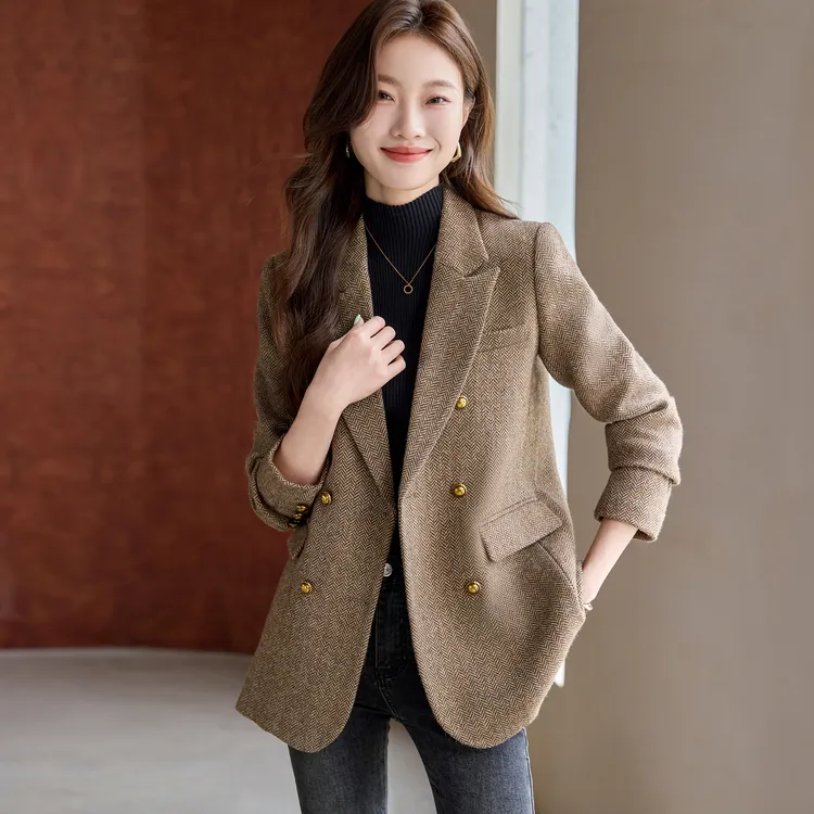 咖色毛呢小西装外套女春秋新款韩版高端气质时尚休闲宽松西服上衣