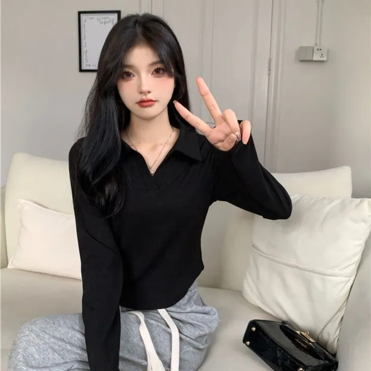 纯棉大码女装胖mm显瘦遮肉夏季新款修身长袖t恤polo领上衣服ins潮