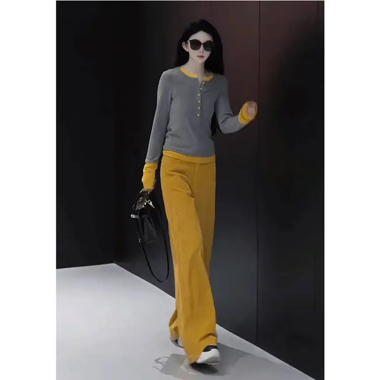 2025春装新款休闲高级感穿搭假两件长袖T恤高腰垂感阔腿裤两件套