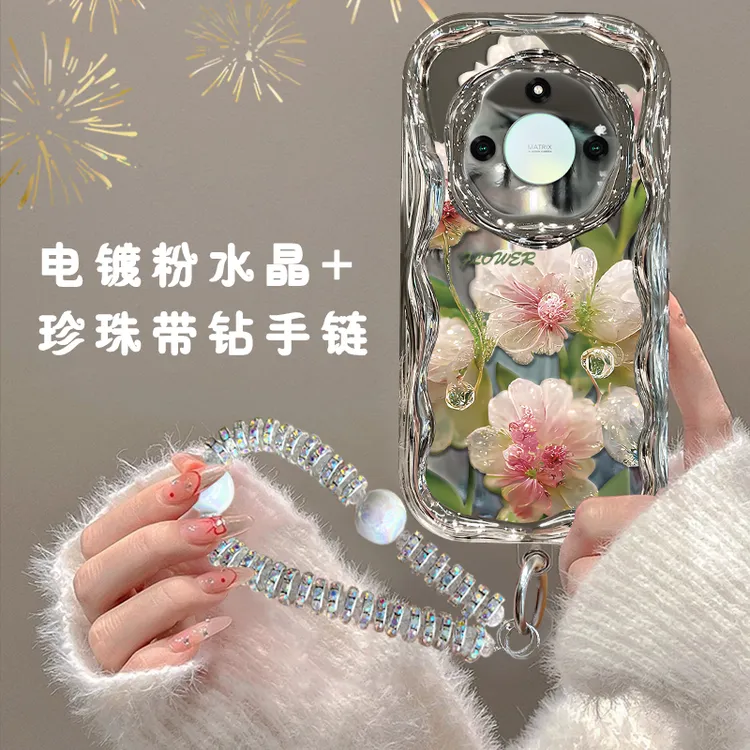 适用荣耀x50全包手机壳ins电镀奶油纹镂空水晶花防摔保护套