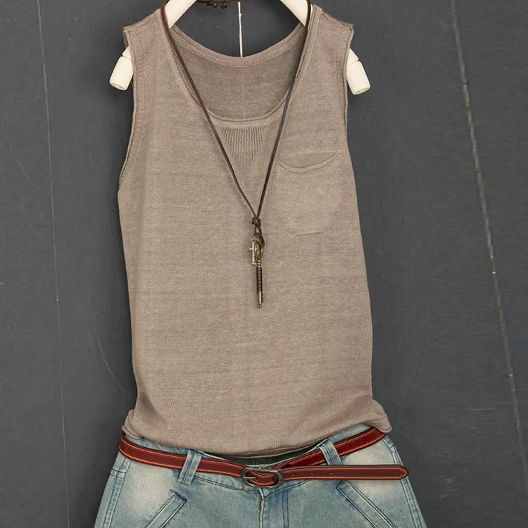 2024夏季新品薄款一个口袋纯色亚麻吊带 背心女