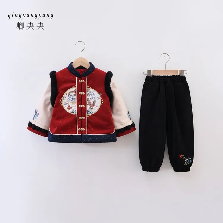 男童唐装拜年服冬季中国风古风套装儿童加绒周岁礼服新年服过年服