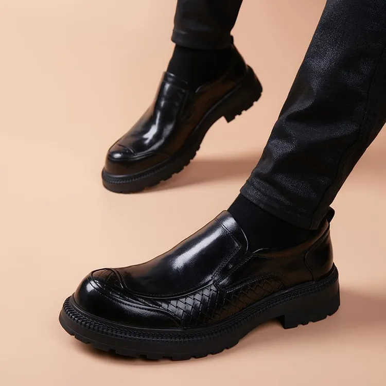 休闲皮鞋男新款透气商务正装头层牛皮厚底增高潮英伦大头男士皮鞋