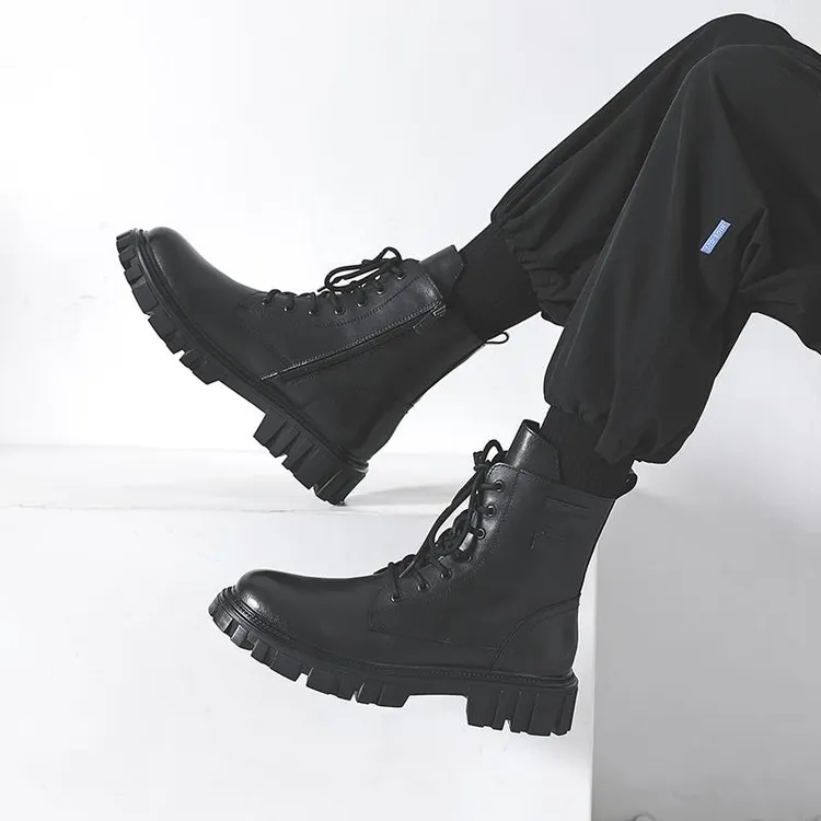 春季马丁靴男真皮英伦中帮侧拉链高帮皮靴厚底增高工装靴骑士靴