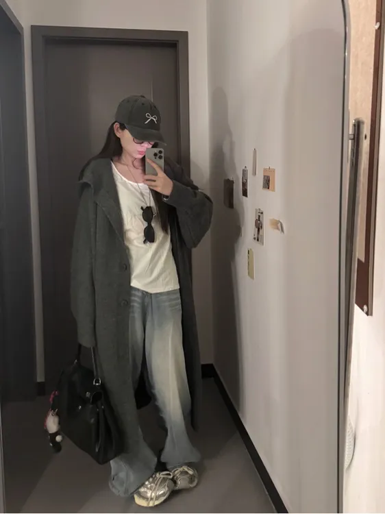 秋冬新款慵懒风毛衣外套韩系宽松版二粒扣连帽针织开衫中长款显瘦