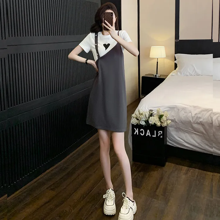 韩系假两件短袖连衣裙女夏季新款收腰遮肚显瘦设计感背带裙气质