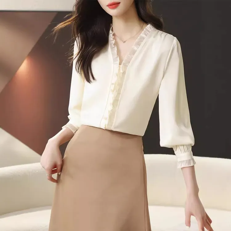 hmwl9862法式长袖雪纺衬衫女秋季设计感小众气质木耳边V领上衣