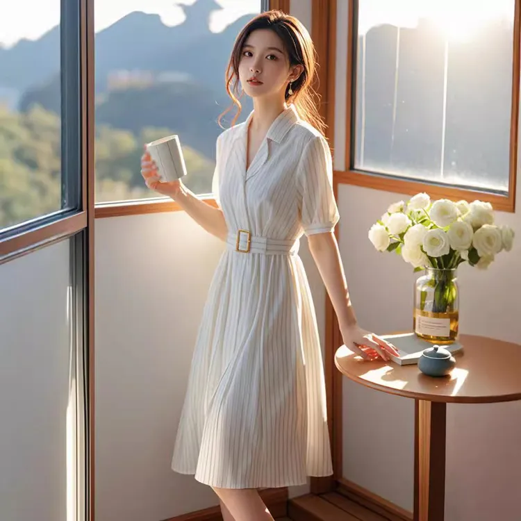 xln3083法式西装领白色条纹连衣裙女夏季新款时尚收腰显瘦A字裙