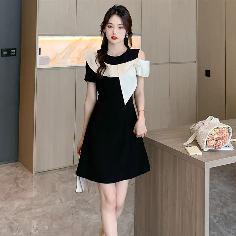 ml7505夏季新款法式赫本小香风拼色设计感简约时尚显瘦短款连衣裙