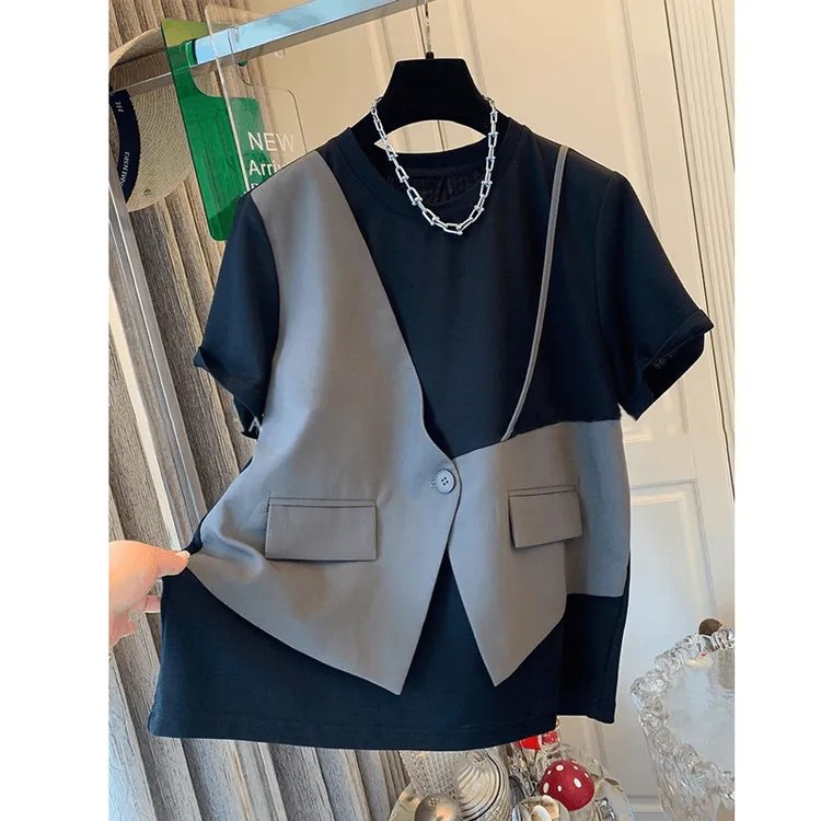 短袖t恤女2025夏季新款胖妹妹设计感小众洋气独特别致假两件上衣