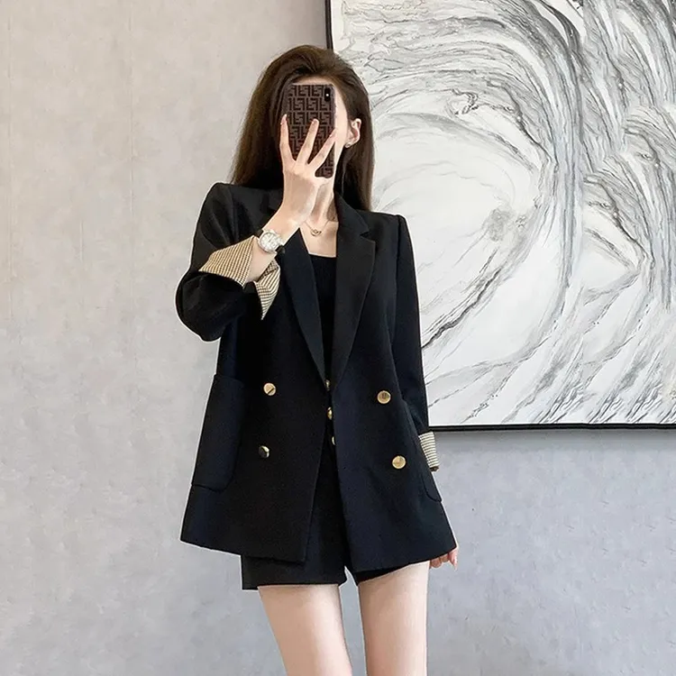 黑色西装外套女2025春秋新款韩系胖妹妹小个子设计感小众休闲西服