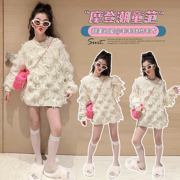 时尚秋冬韩版甜美摩登针织毛衣儿童上衣蕾丝大童长袖网红宽松加厚