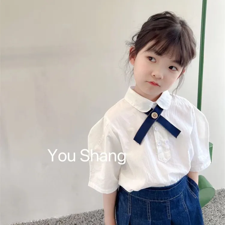 女童短袖衬衫2023新款夏季女宝宝韩版学院风复古洋气公主风白衬衣