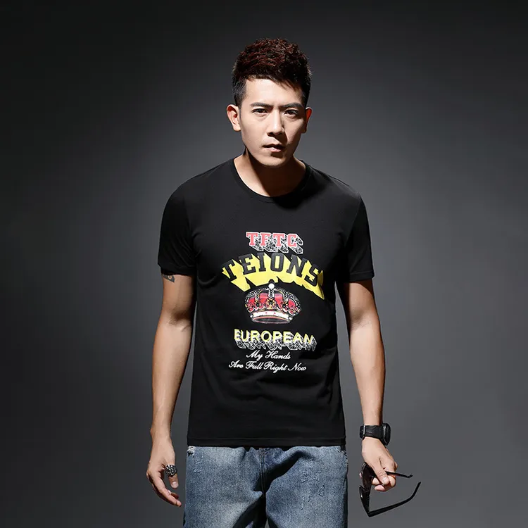 欧洲站男装春夏季新款字母印花T恤圆领修身丝光棉T恤百搭潮流短袖