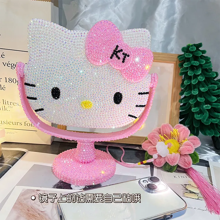 hellokitty猫咪贴钻镜子公主旋转台式镜KT化妆镜diy手工生日礼物