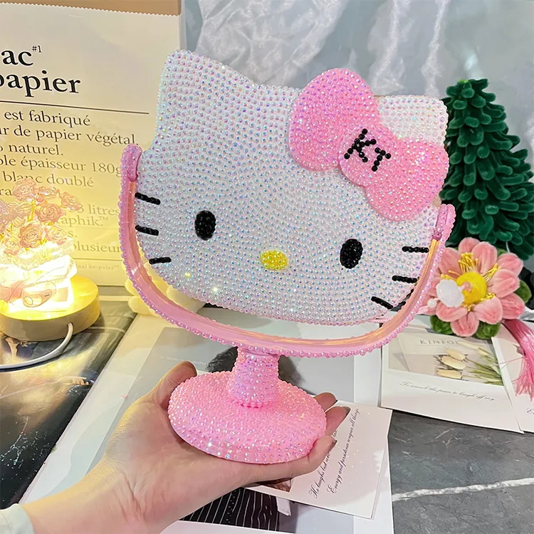 hellokitty猫咪贴钻镜子公主旋转台式镜KT化妆镜diy手工生日礼物