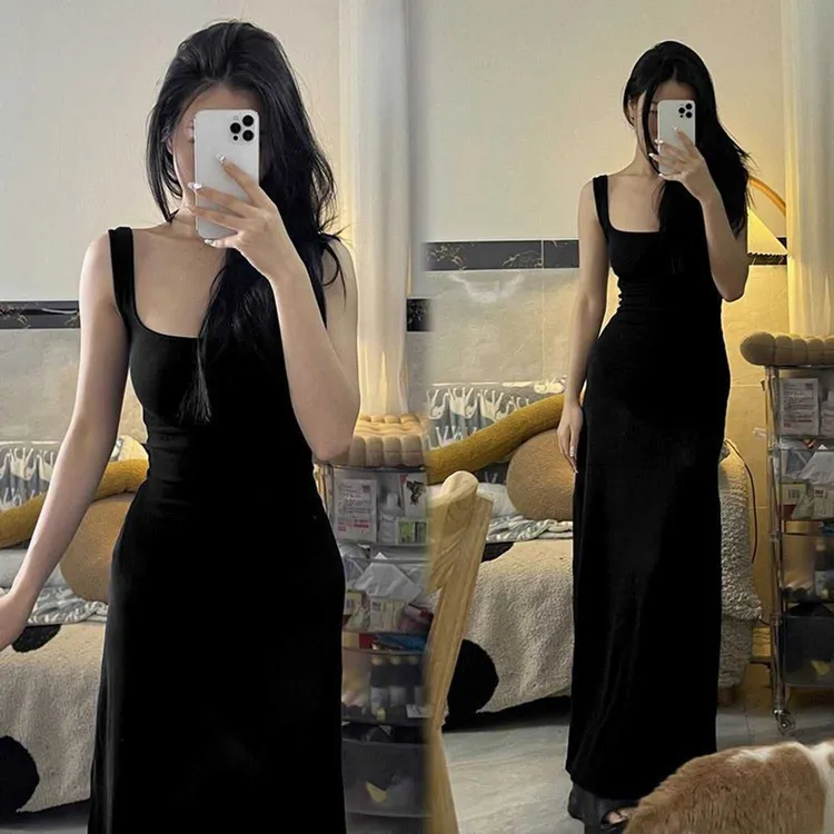 藏蓝色方领感辣妹气质长裙显瘦修身夏季高级裙子吊带连衣裙女无