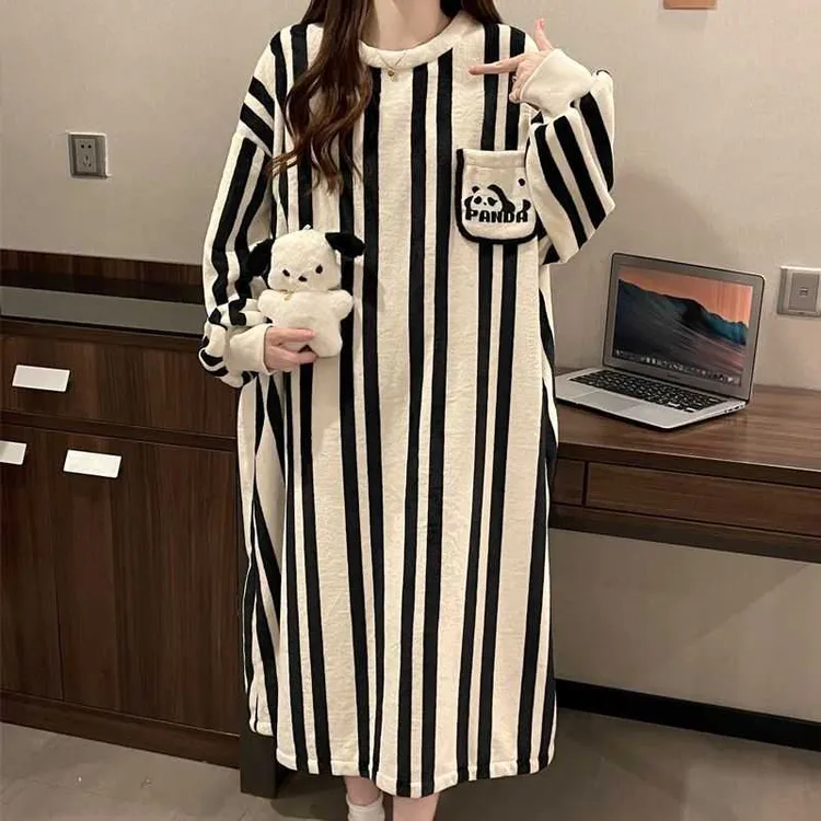秋冬季女士长袖睡裙加厚法兰绒中长款简约条纹睡衣甜美休闲家居