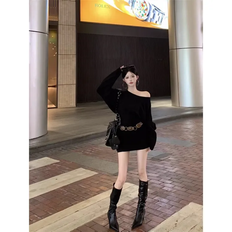 静静专属韩系辣妹针织连衣裙女秋冬季慵懒风毛衣裙女修身慵懒风一字肩短裙