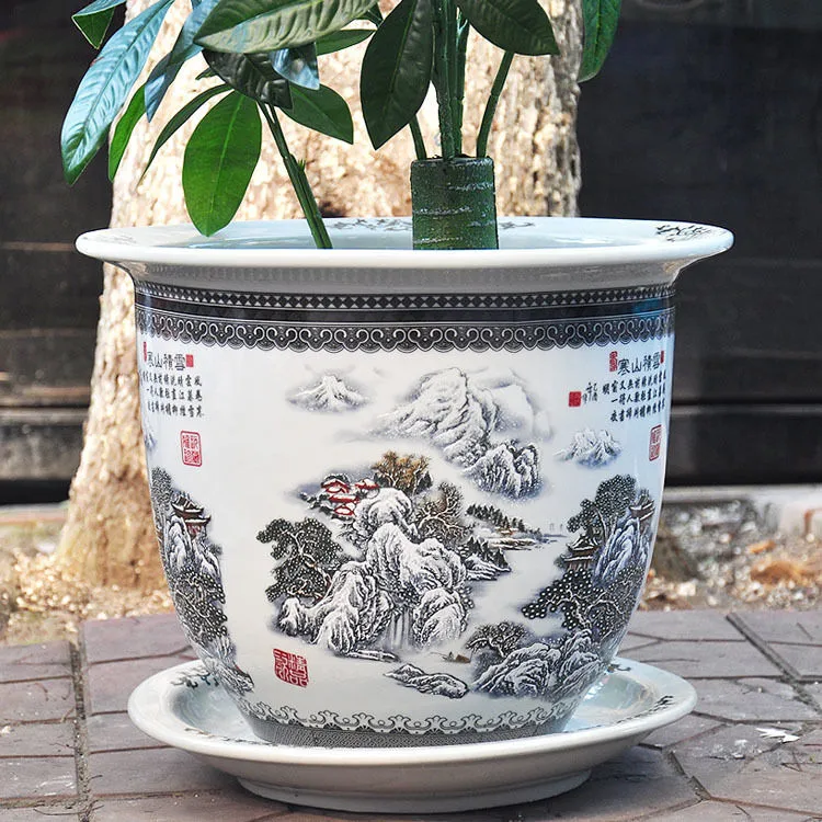 【新款】景德镇陶瓷器超大号室内钵落地树盆花盆铁树发财树粉彩雪景