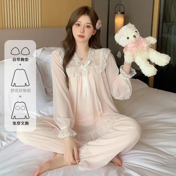 带胸垫睡衣女款春秋季蕾丝花边公主风网纱套装夏天薄款家居服