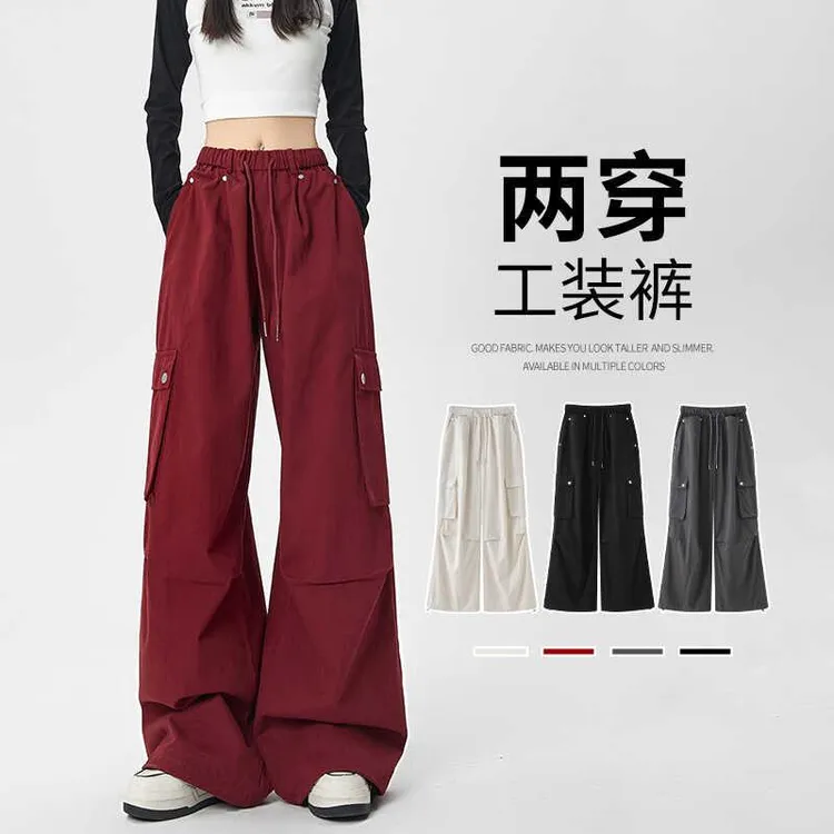 安可拉红工装裤女春秋季高腰抽绳裤子阔腿宽松美式冲锋登山运动裤