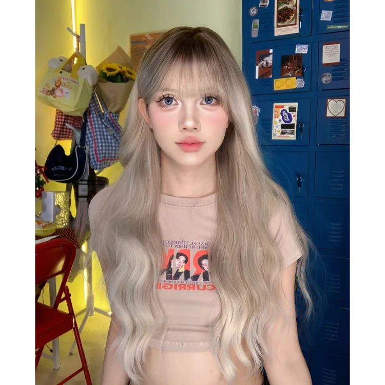 卅爻专属--灰青色假发爆顶染水波纹长卷发潮色染渐变假发女全头套