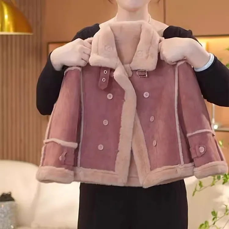 女童加绒外套2024秋冬款中大童一体绒皮毛一体麂皮绒派克服加厚潮