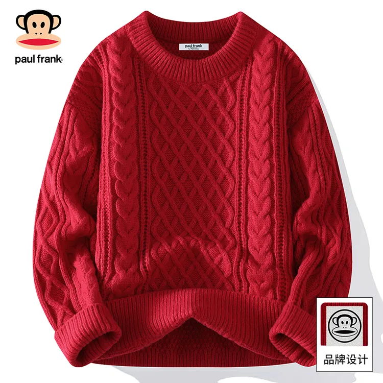 PaulFrank/大嘴猴2025秋冬新款红色扭花毛衣男潮牌宽松百搭针织衫