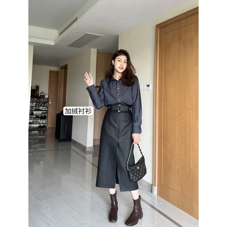 张阿星【巴赫拉】日常通勤百搭保暖加绒宽松衬衫+高腰开叉皮裙套装